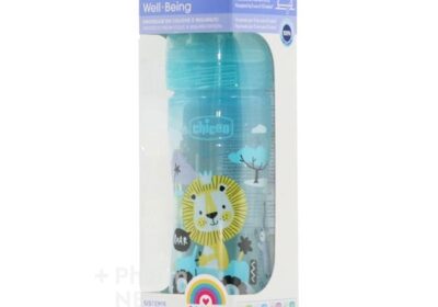 Chicco Well Being Blue Lion 2m + (250ml) – Plastic Baby Bottle with Normal Flow Silicone Nipple, Blue Lion