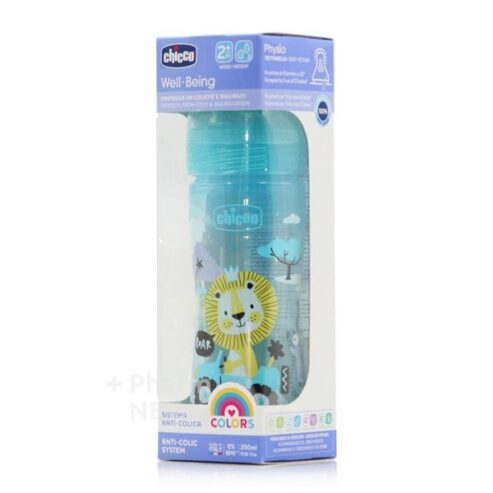 Chicco Well Being Blue Lion 2m + (250ml) – Plastic Baby Bottle with Normal Flow Silicone Nipple, Blue Lion